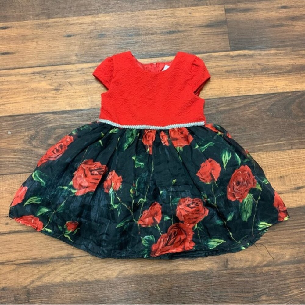 Nannette Kids Girl Elegant Formal Dress Size 24M, Red And Black Flower Print